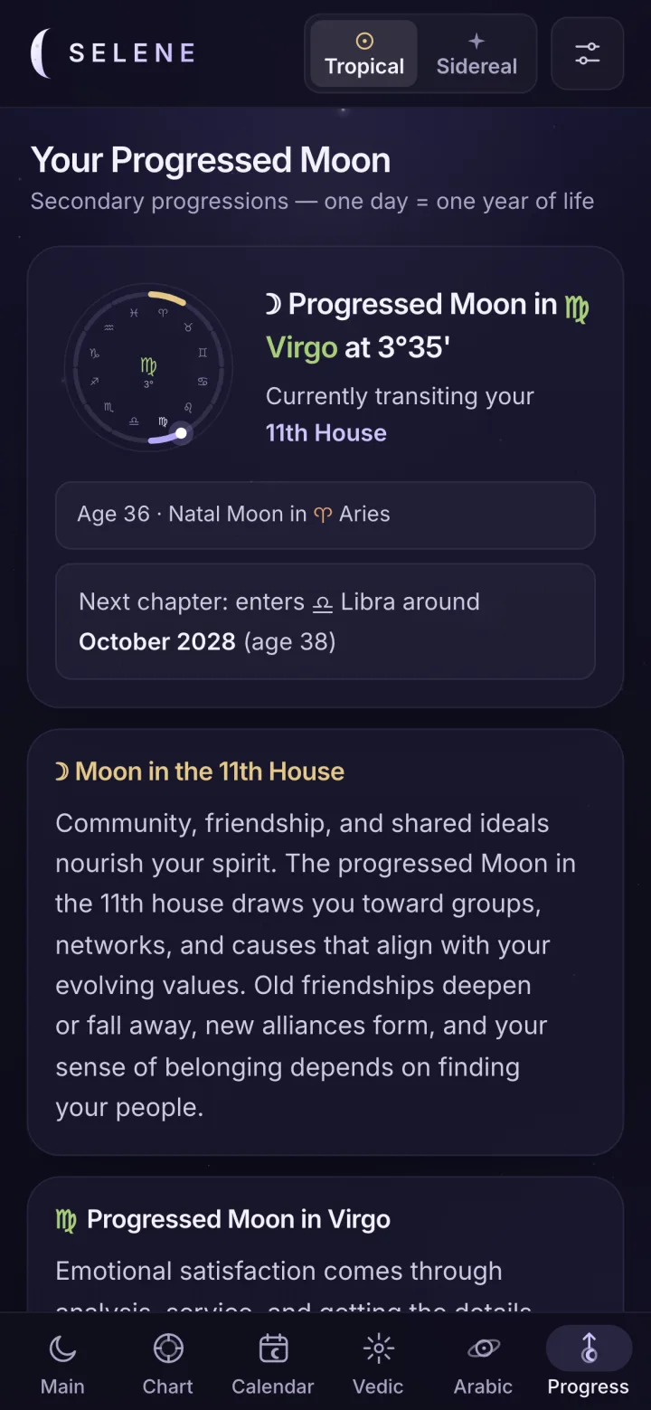 Progress: the progressed Moon in Virgo at 3°35' on its zodiac ring, in the 11th house, entering Libra around October 2028, with readings below