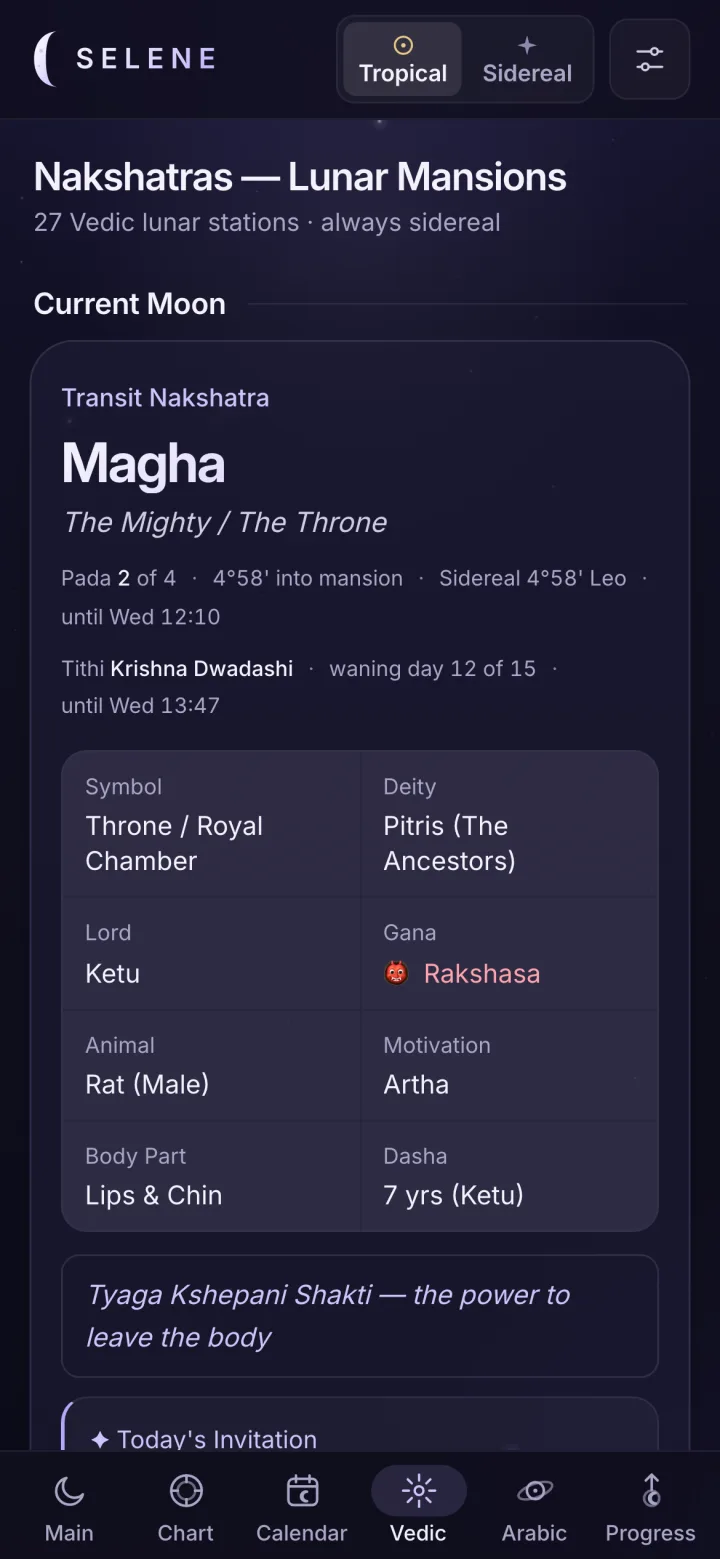 Vedic: Magha as the transit nakshatra with its pada, tithi and end times, then its symbol, deity, lord, gana, animal, motivation, body part and dasha